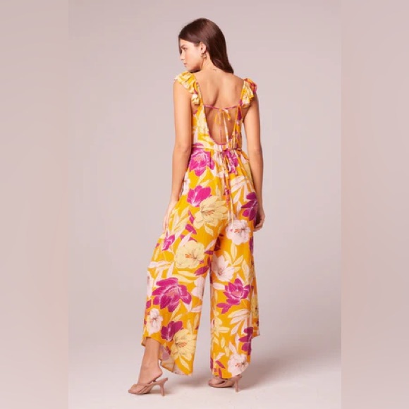 NWT Band Of The Free EUPHORIA GOLD FLORAL WIDE LEG JUMPSUIT Bohemian Tie Back - Picture 4 of 5